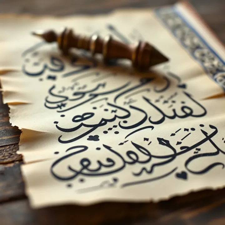 Intricate Arabic calligraphy on a traditional parchment showcasing elegant curves and dots