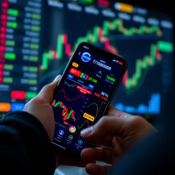 Smartphone displaying popular trading app interface with stock charts and market data