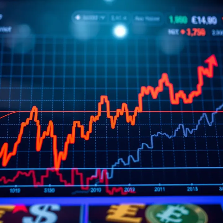 Graph displaying fluctuations in foreign exchange rates with currency symbols