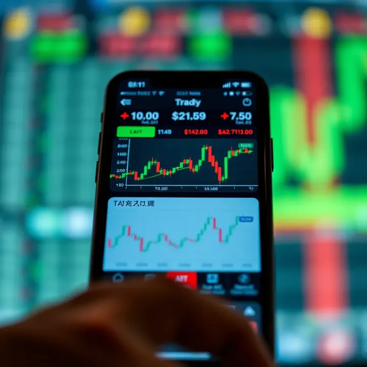 Smartphone displaying a trading app interface with charts and market data