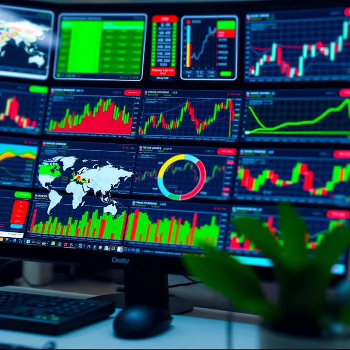A digital interface displaying various trading charts and analysis tools representing global trading platforms