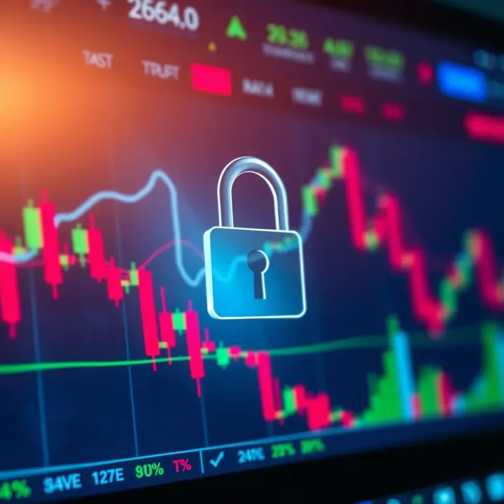 Secure digital lock symbol overlaying a trading interface representing safety in online trading
