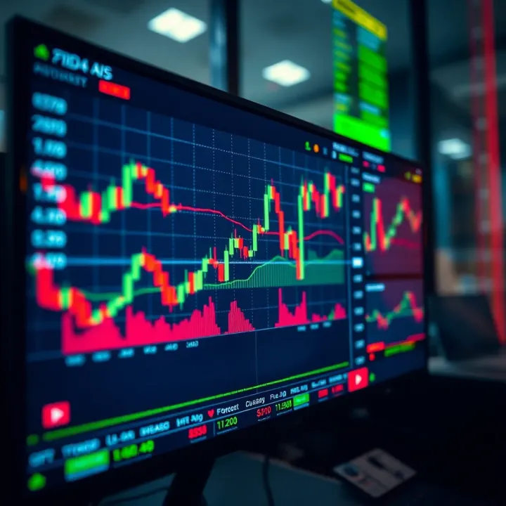 A digital screen displaying dynamic forex market charts and currency pairs, emphasizing trading analytics