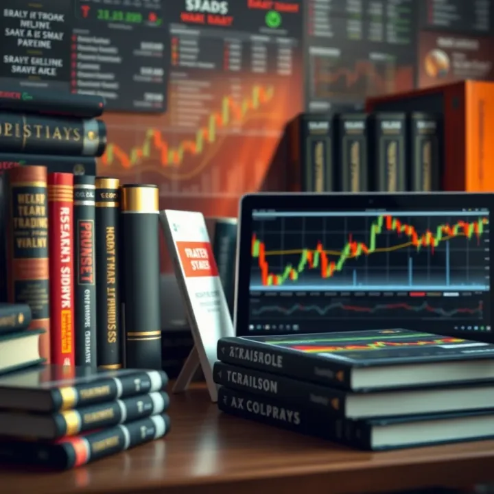 Collection of trading books and a laptop displaying stock market data
