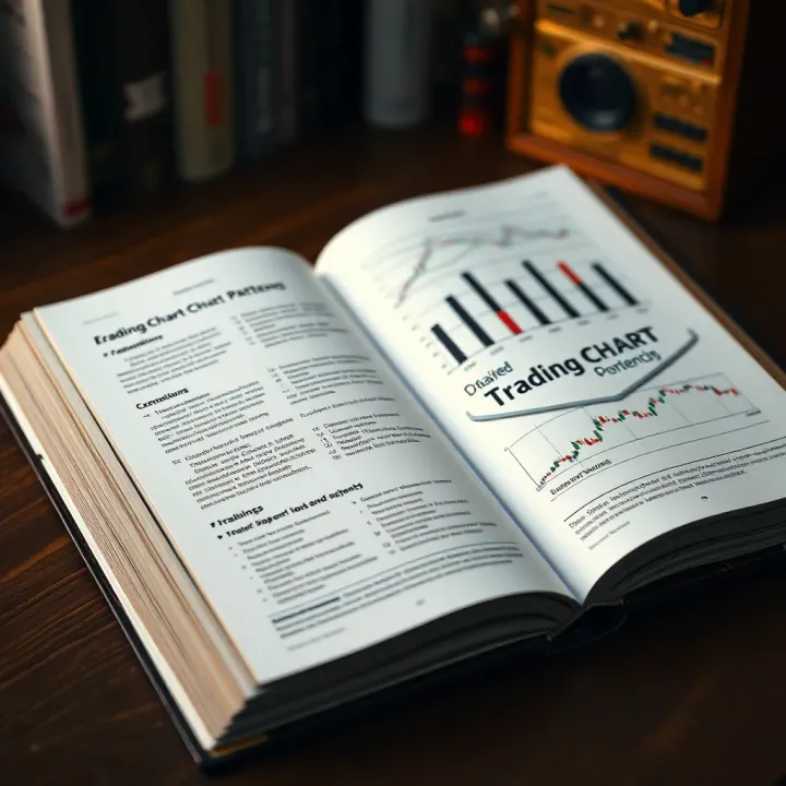 Detailed Trading Chart Patterns Book for Skill Development Open book displaying detailed explanations and graphical representations of trading chart patterns for skill enhancement