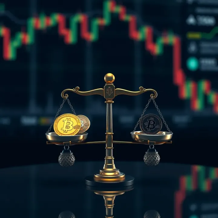 Illustration of risk and reward scales with cryptocurrency icons representing the balance of benefits and risks