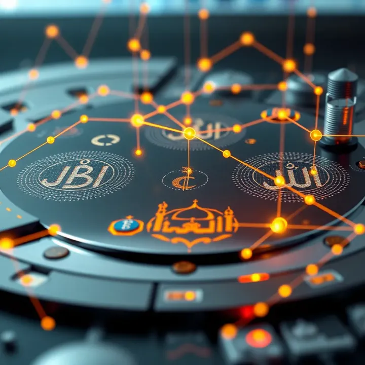 Digital representation of blockchain technology connected with Islamic symbols and financial icons
