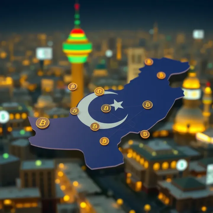 Map of Pakistan highlighted with cryptocurrency symbols and digital currency network links