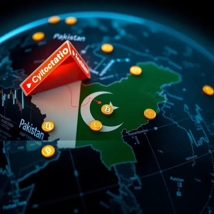 Global map highlighting Pakistan with digital currency icons and regulatory symbols