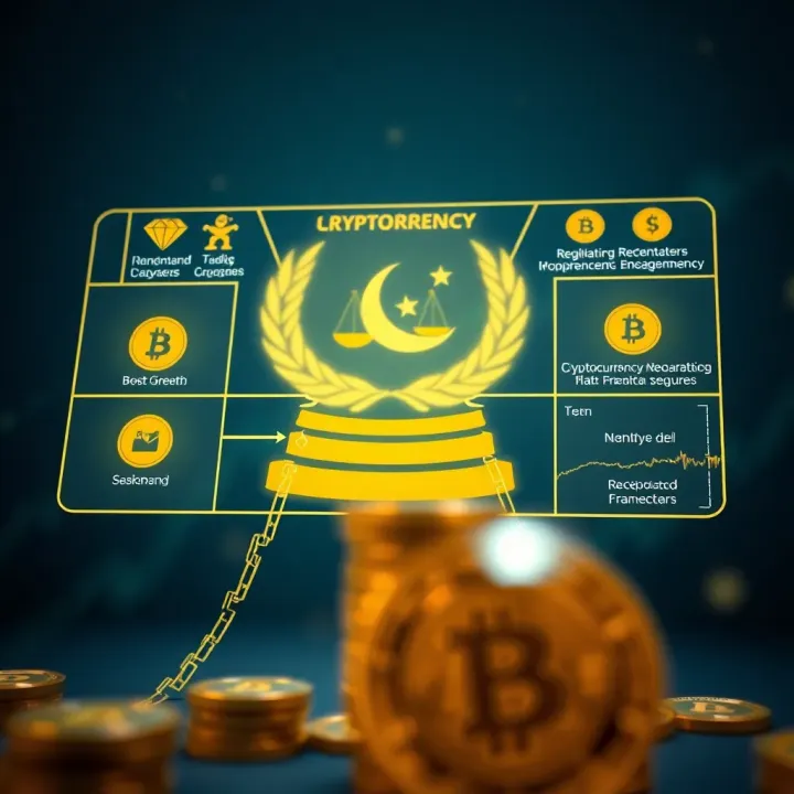 Graphic depicting the regulatory landscape of cryptocurrency trading with legal symbols and digital coins
