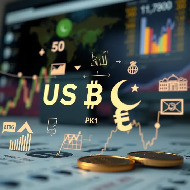 Illustration of economic indicators and global events influencing currency value with icons of charts and policy symbols