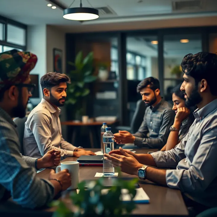 Team members engaging in a vibrant business discussion with diverse cultural elements visible in the workspace