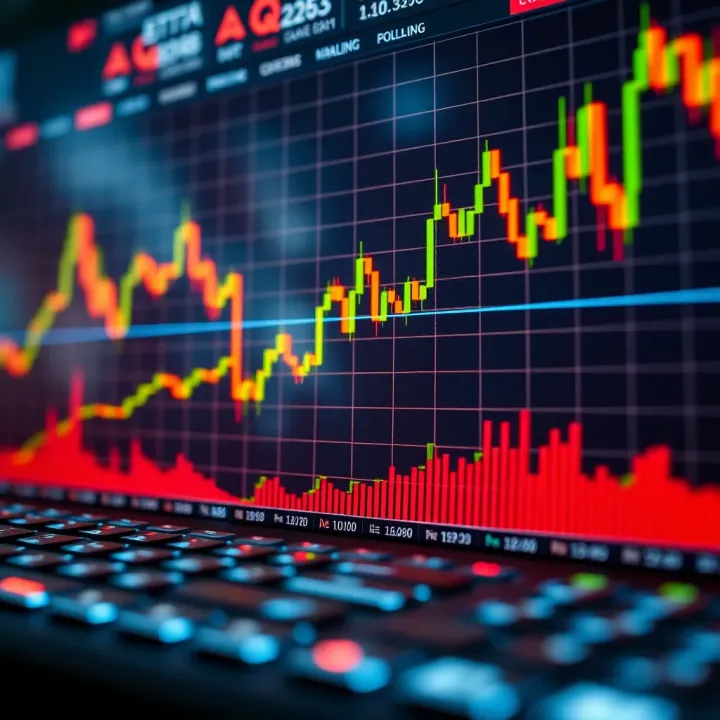 Graph showing growth trends and candlestick patterns in online trading on a digital platform