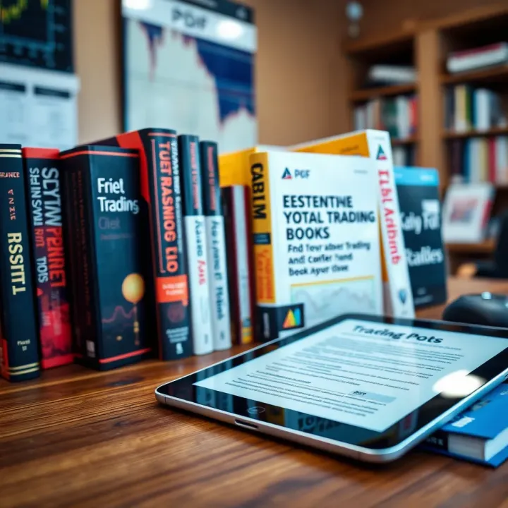 Collection of popular trading books displayed on a wooden desk with a digital tablet showing a PDF document