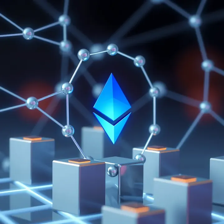 Ethereum Blockchain Technology and Future Developments Illustration of blockchain technology with interconnected blocks symbolizing Ethereum's technological advancements