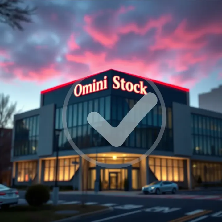 Illustration showing the Omni Stock company building with a transparent checkmark symbolizing authenticity