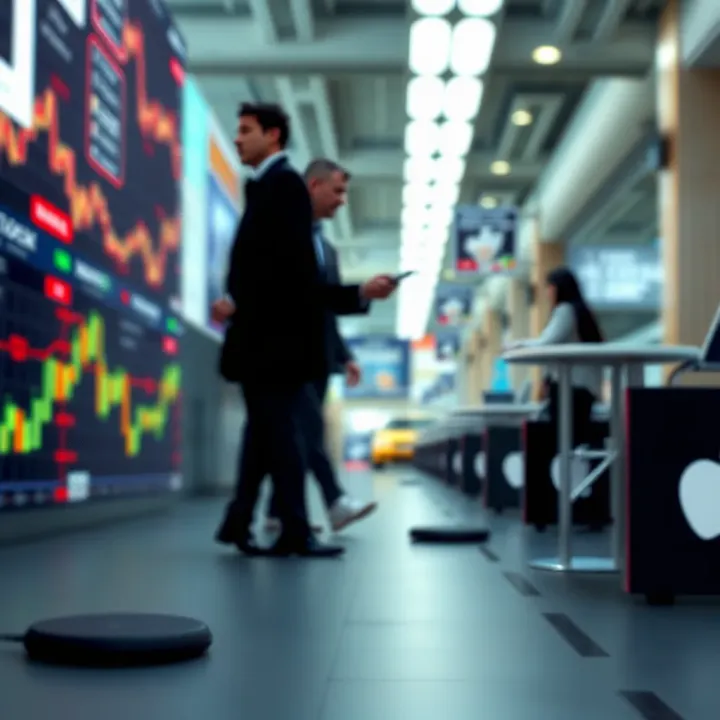 Illustration of factors affecting Apple's stock including market dynamics, financial indicators, and global economic elements