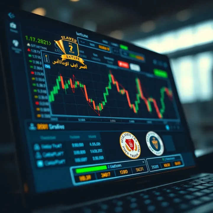 Illustration showing a secure online trading platform interface with various chart types and a list of regulatory certifications