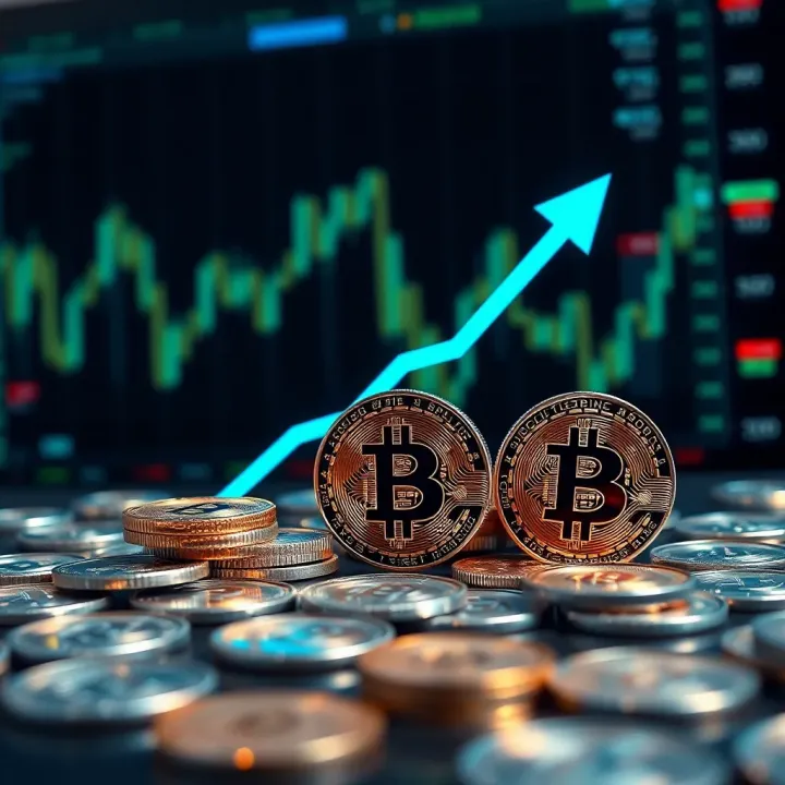 Market Growth and Investment Potential in Cryptocurrency Digital representation of coins with upward arrows symbolizing market growth and investment potential