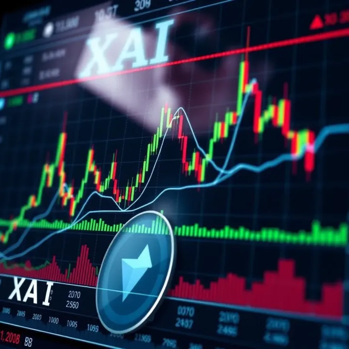 Graph illustrating fluctuating XAI token prices with technical indicators overlay
