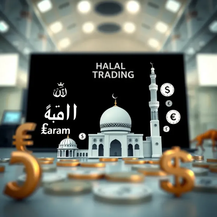 Illustration depicting the concept of halal and haram in forex trading with Islamic symbols and currency exchange icons