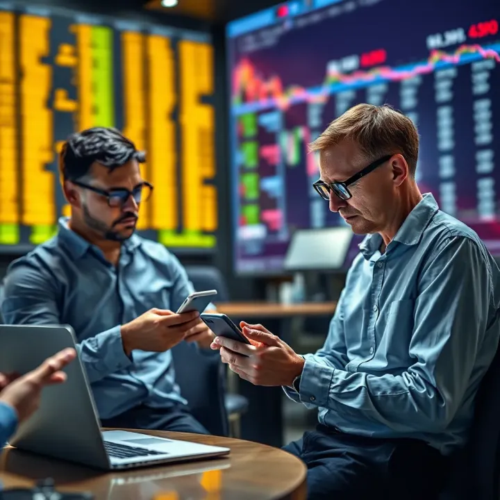Traders discussing future market trends on mobile devices
