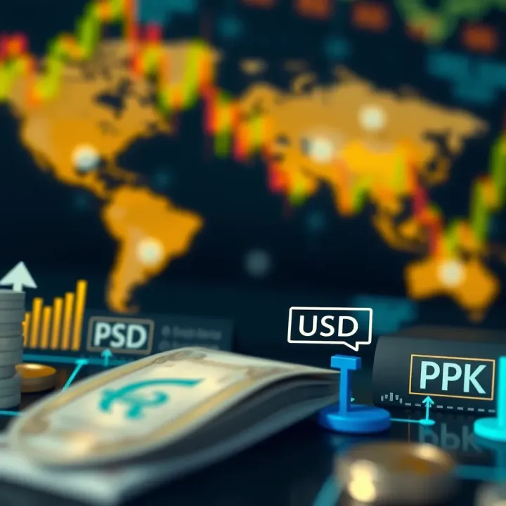 Global Economic Influences on USD to PKR Exchange Rate Illustration of global economic factors influencing currency exchange rates with visual elements like charts and global icons