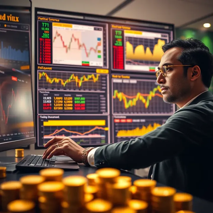 Investor analyzing currency trends alongside gold investment charts