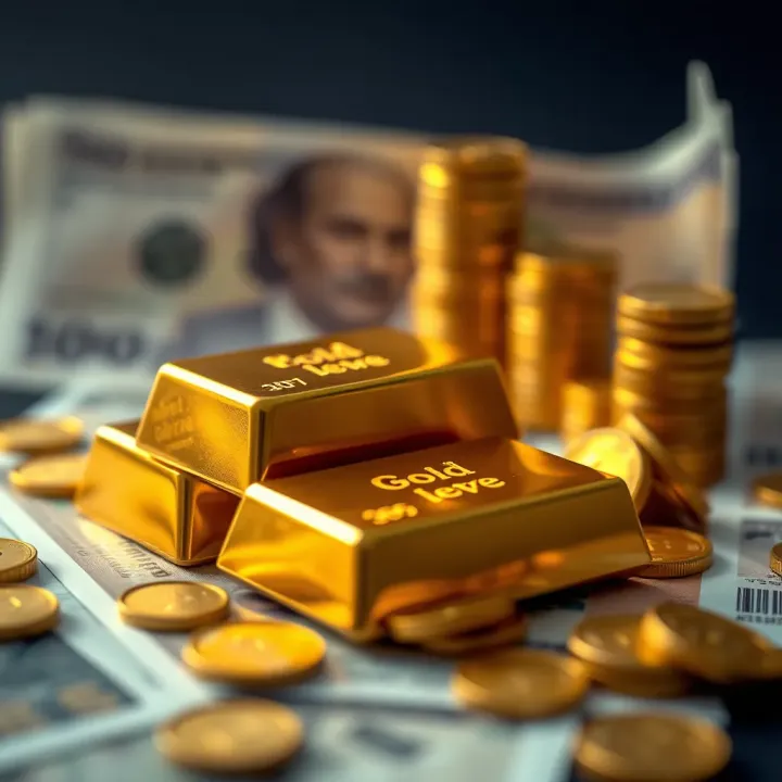 Close-up of gold bars with currency notes in the background symbolizing investment