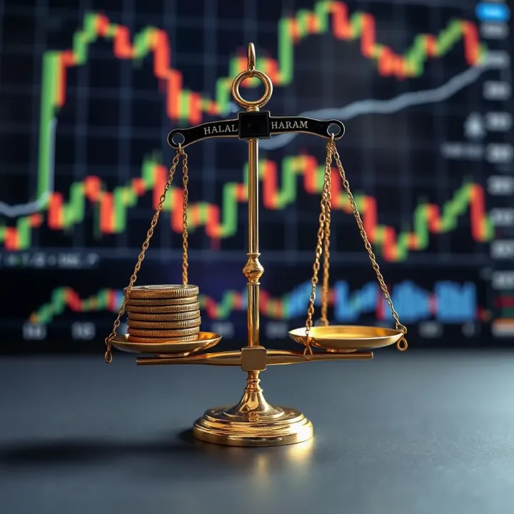 A balance scale symbolizing halal and haram concepts with financial charts in the background