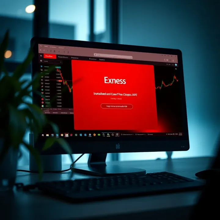 User interface showing Exness app installation progress on a Windows desktop computer