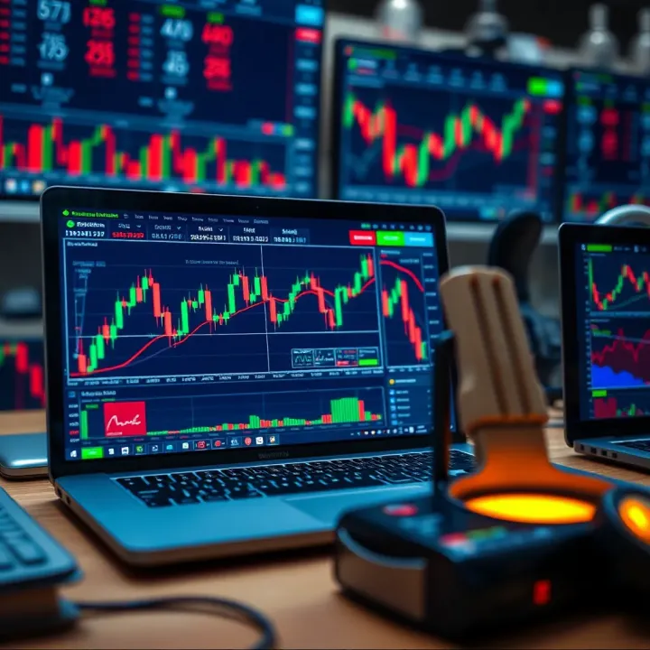 Trading Tools Displaying Market Data and Risk Management Concepts Representation of trading tools including a laptop displaying market data and risk management icons