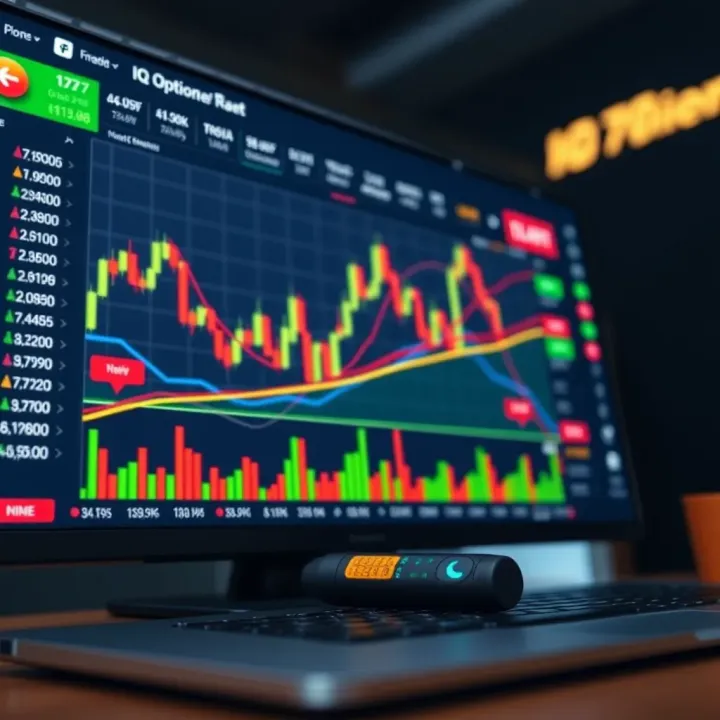 Screenshot of IQ Option platform showcasing trading chart and various financial instruments