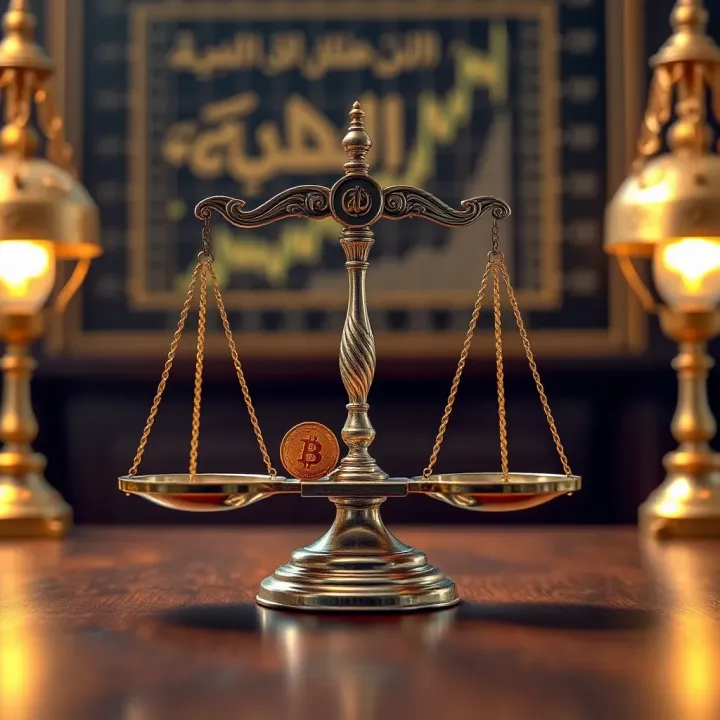 Conceptual illustration showing Islamic finance principles with a balance scale and financial symbols