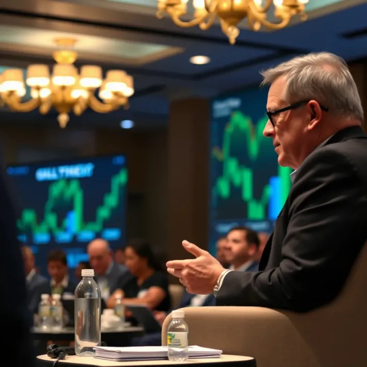 Larry Fink delivering a keynote speech on sustainable investment strategies at a global finance conference