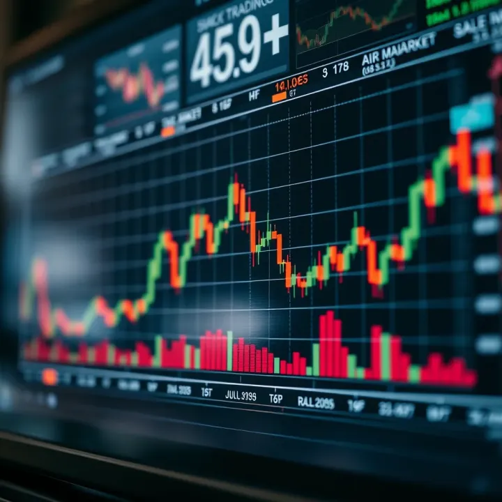 Graph showing upward and downward trends in stock market trading charts