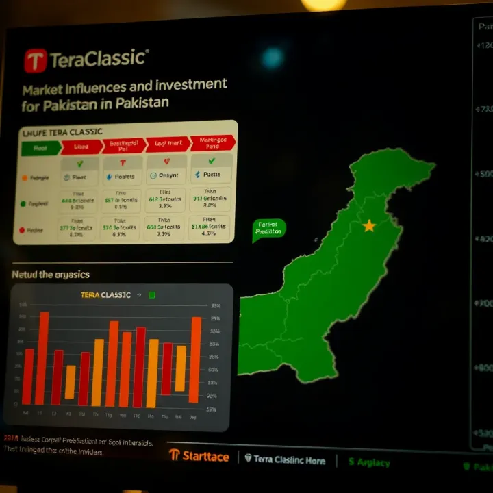 Chart illustrating factors affecting Terra Classic value alongside a map highlighting investment interest in Pakistan