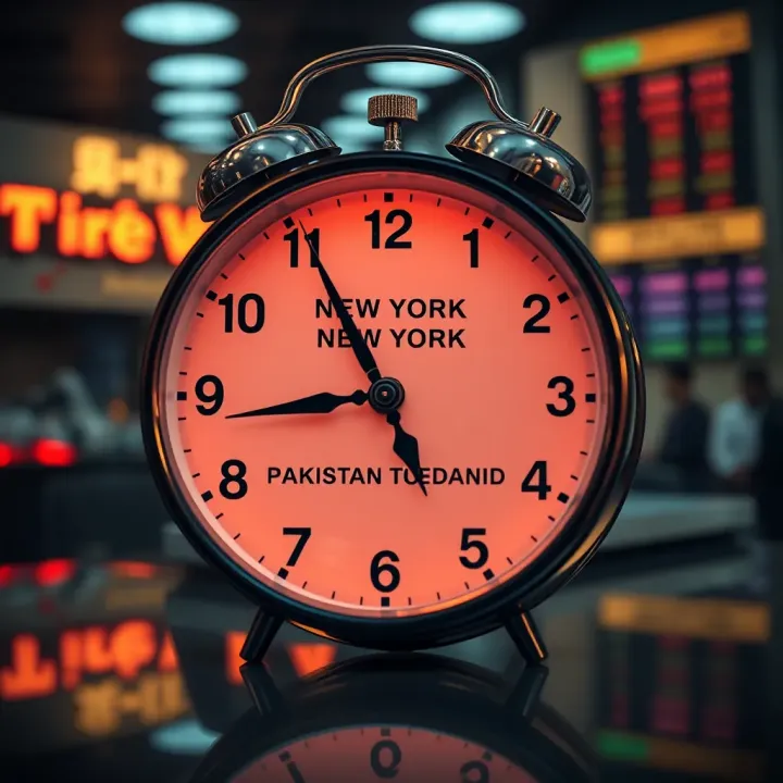 Clock showing time difference between New York and Pakistan highlighting trading session hours