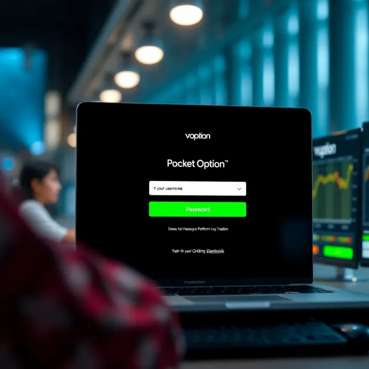 User interface displaying the Pocket Option login screen with fields for username and password
