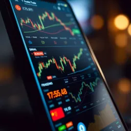 User Interface of a Trading App Showcasing Market Data and Analysis Mobile screen displaying various financial charts and stock market data on a trading application