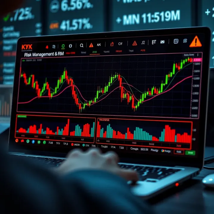Graphical representation of risk management strategy in online trading including charts and warning signals