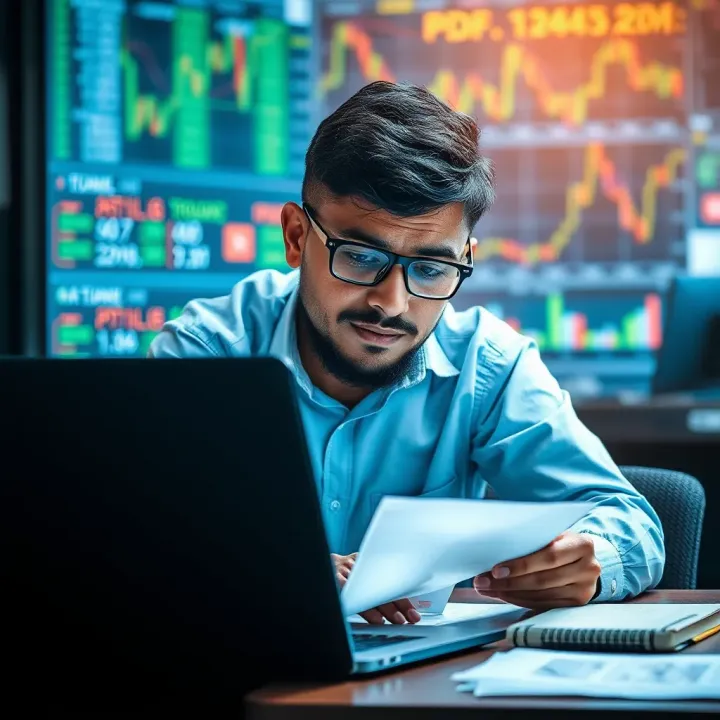 Illustration of a trader analyzing PDF data on a laptop to enhance trading strategies in Pakistan