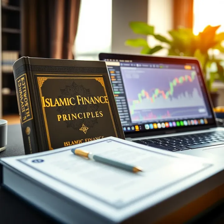 An Islamic finance book next to a laptop showing a trading platform interface