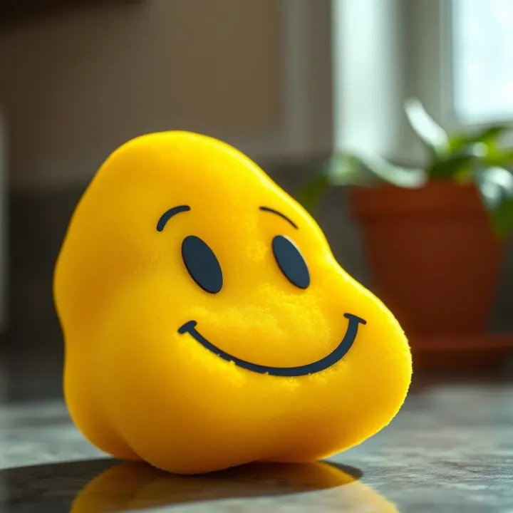 Scrub Daddy's Innovative Smiling Sponge Design Close-up view of a bright yellow Scrub Daddy sponge showcasing its unique texture and smiling face design