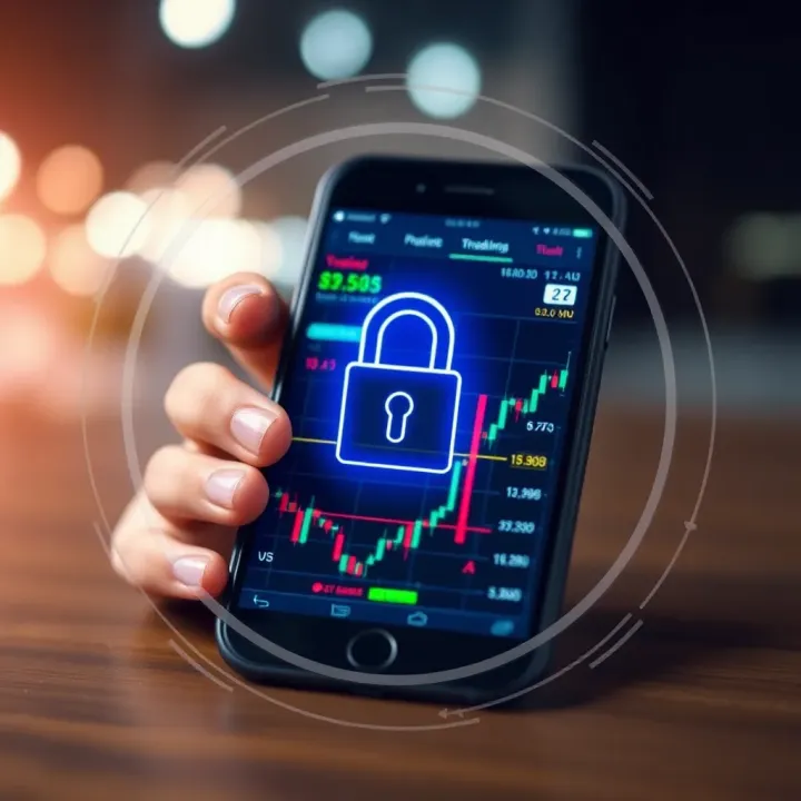 Secure digital padlock overlaying a smartphone displaying trading data symbolizing security in mobile trading apps