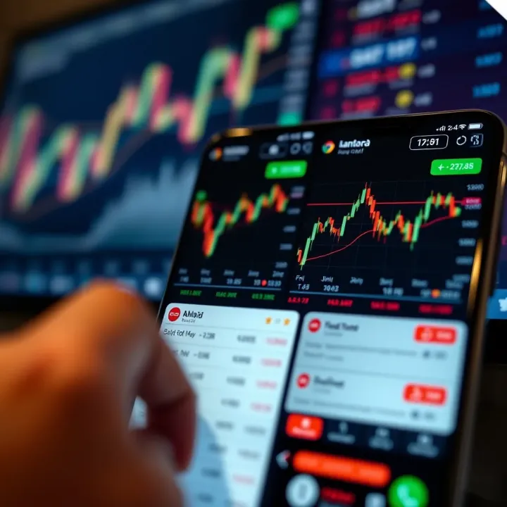 User interface of a mobile trading application displaying stock market charts and trading options