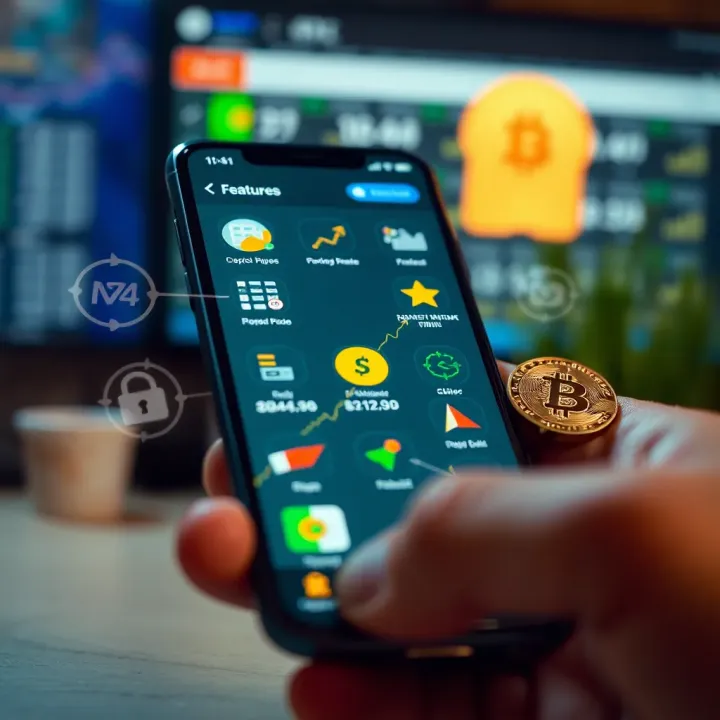 Illustration of a smartphone showing features of a trading app with financial icons and security symbols
