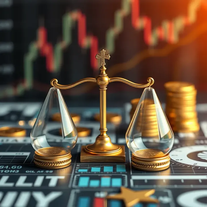 Visual representation of profit-sharing and leveraged trading with financial symbols and balance scales