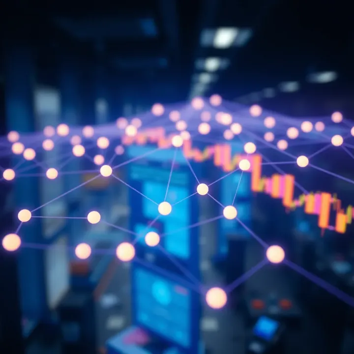 Illustration showing a conceptual network of startup funding with interconnected digital nodes symbolizing investment flow