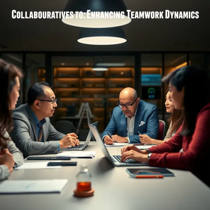 Team members engaged in a collaborative discussion around a table with laptops and notes